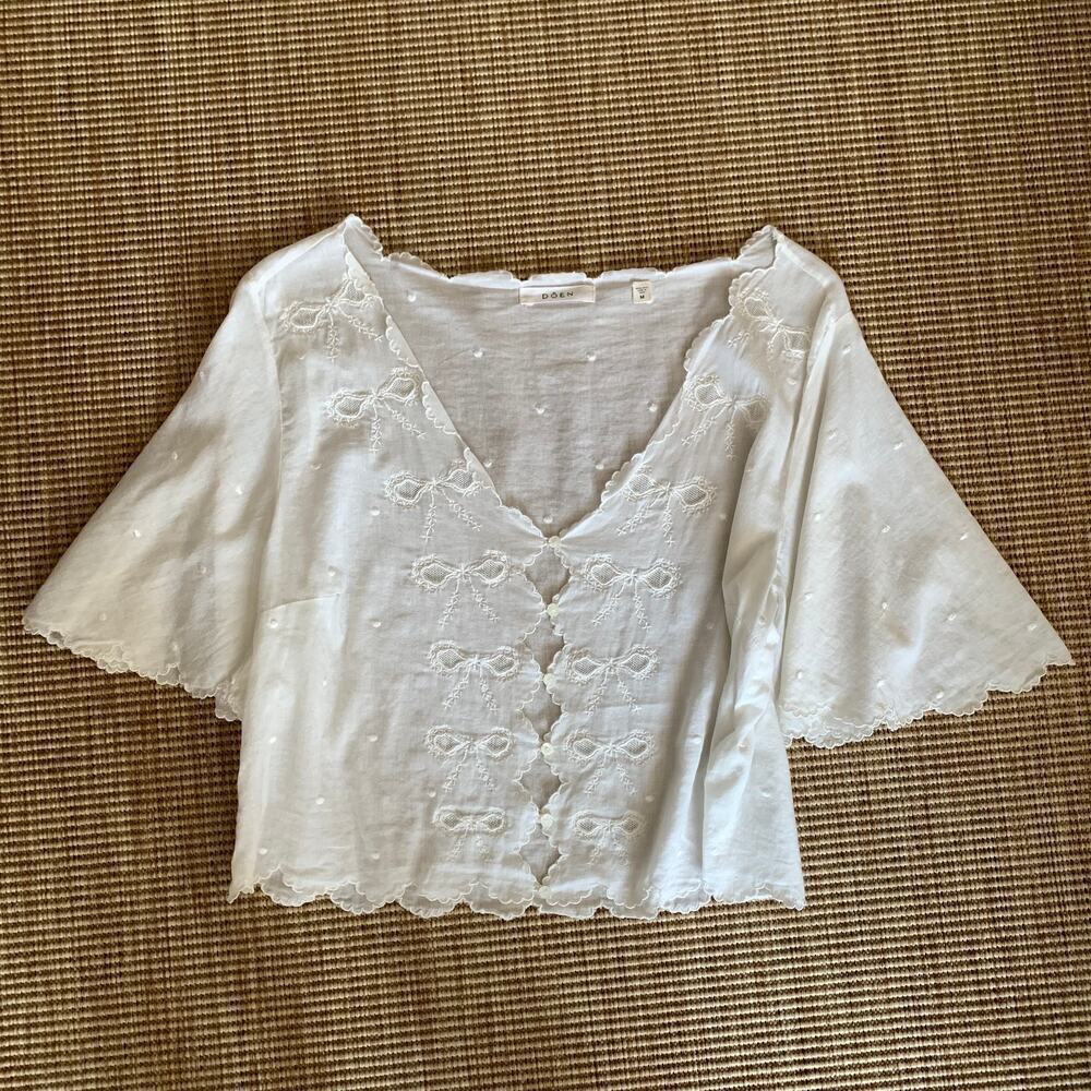 Doen Kacy Embroidered Bow Ribbon Scalloped V Neck Cotton Blouse Top Salt - Picture 7 of 14